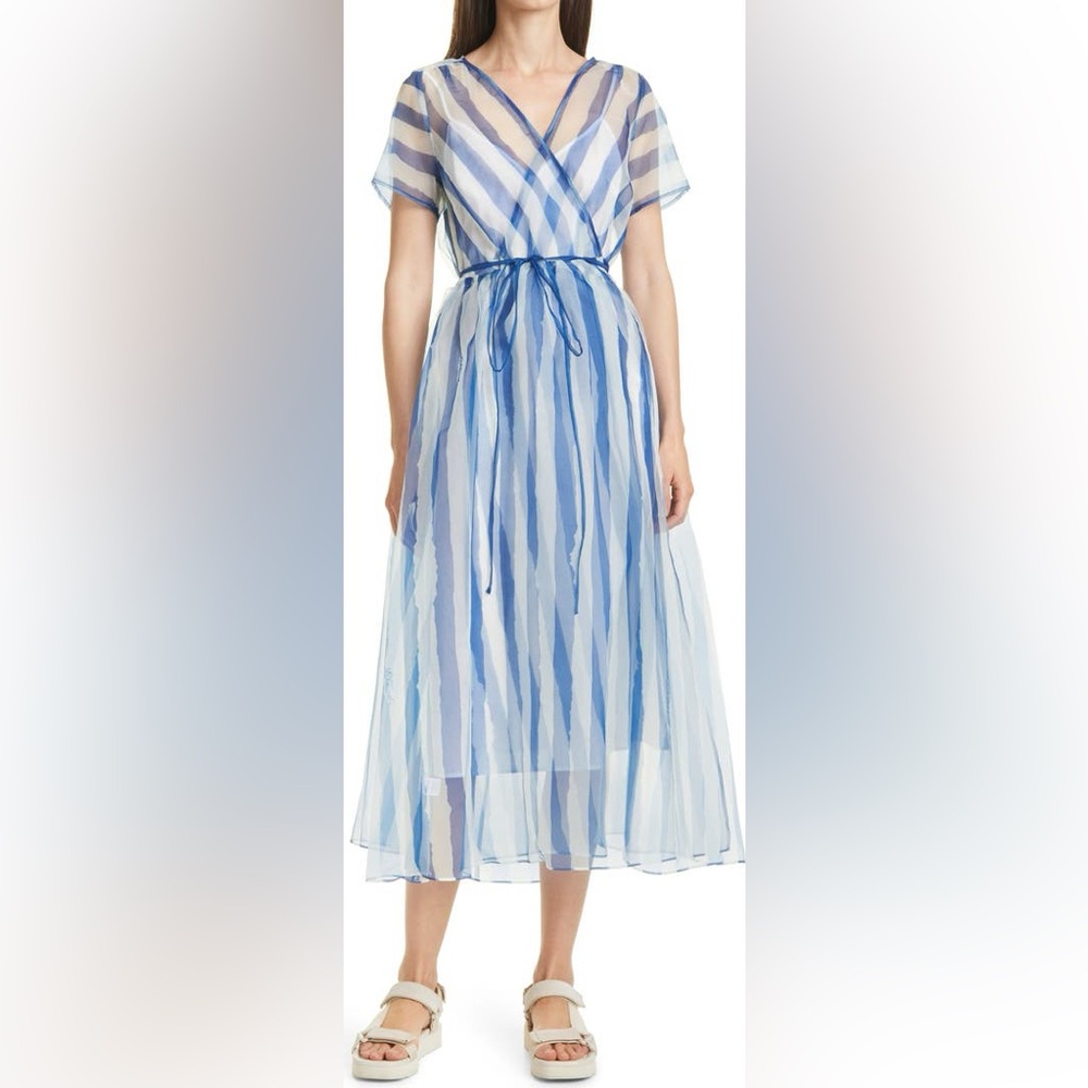 STAUD Blue and White Striped Sheer Midi Dress NWT - Picture 8 of 16